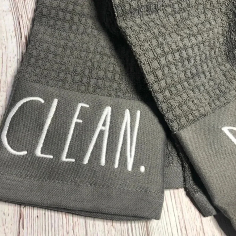 NWT Rae Dunn gray dish towel set CLEAN DRY neutral classic